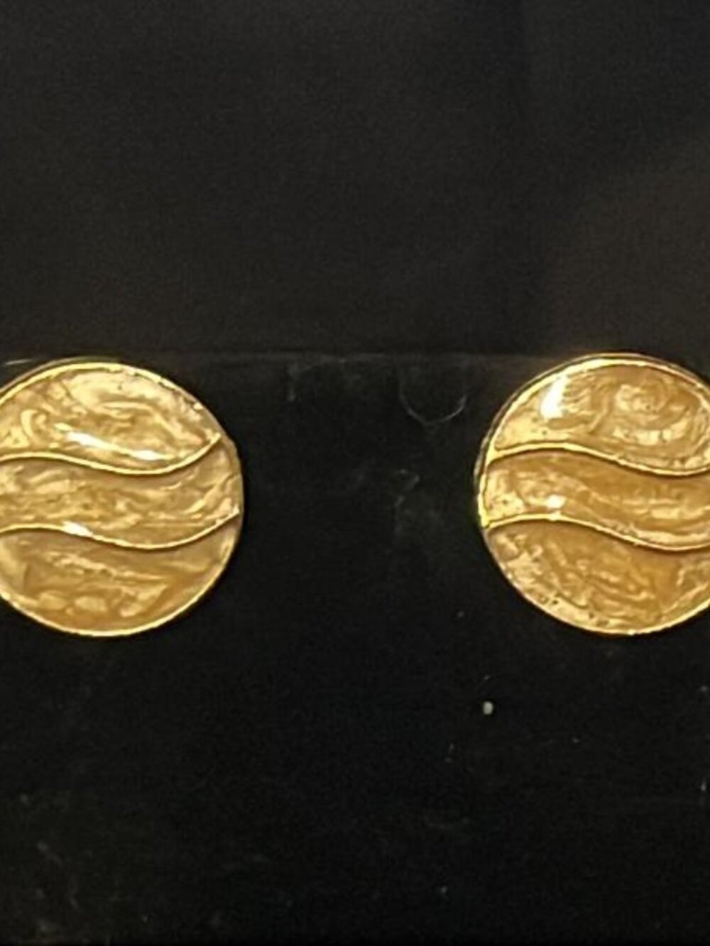 Round Light Biege Enamel with Gold Tone Frame Earrings